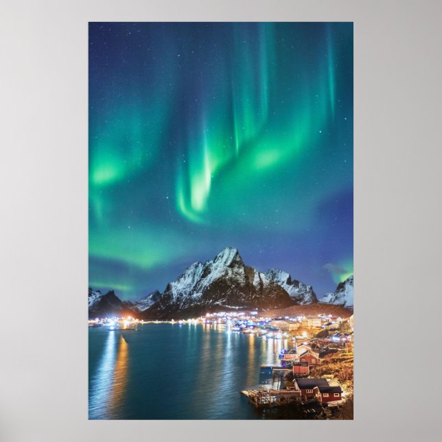 Poster Noite de Aurora na ponte para Reine no Lofoten (Frente)