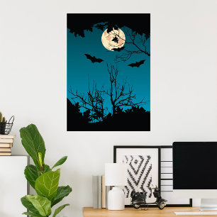Poster Noite de Dia das Bruxas Cheia Lua e Morcegos Voado