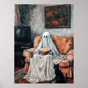 Poster Noite de Filme Spooky Fantasma e Cat Assistindo