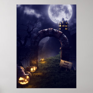Poster Noite de Halloween Cheia Lua e Casa Assombrada
