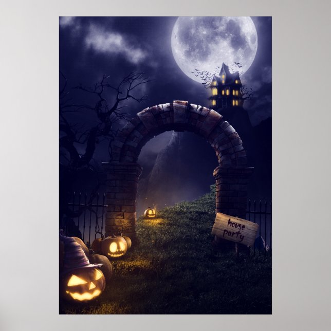 Poster Noite de Halloween Cheia Lua e Casa Assombrada | (Frente)