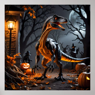 Poster Noite De Halloween Com Velociraptor