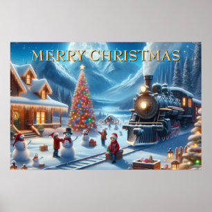 Poster Noite de Inverno Nevado com Trem de Natal & Boneco