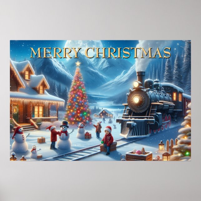 Poster Noite de Inverno Nevado com Trem de Natal & Boneco (Frente)