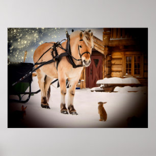 Pôster Noite de Natal estrelado na fazenda com cavalo