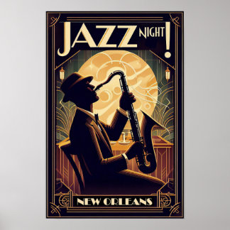 Poster Noite de Nova Orleans Jazz - Arte Vintage