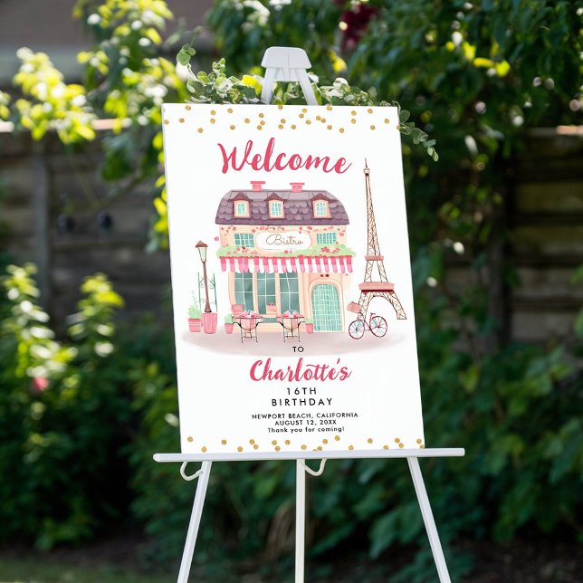 Poster Noite de Paris Eiffel Bistro Partido Verde Rosa Be (paris bistro eiffel tower pink mint gold confetti birthday party welcome sign poster)