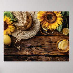 Poster Noite de verão com chapéu de palha e girassóis