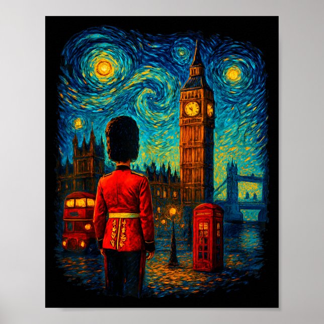 Poster Noite Estrelada Caixa de Telefone Vermelha Londres (Frente)