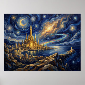 Poster Noite Estrelada de Asgard Marvel Paisagem de Quadr