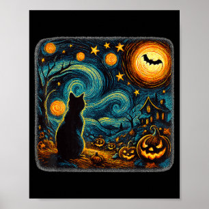 Poster Noite Estrelada de Halloween Gato Preto Abóboras A