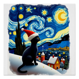 Pôster Noite Estrelada Festiva Natal Gato Preto Chapéu do