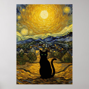 Poster Noite Estrelada Gato Inspirado no Céu Estrelado de