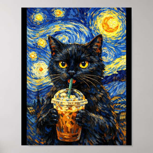 Poster Noite estrelada gato preto café estilo van gogh en (Frente)