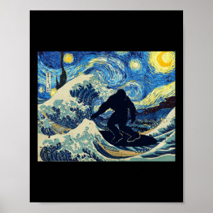 Poster Noite Estrelada Pé Grande Surfando a Grande Onda a