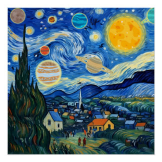 Pôster Noite Estrelada Sistema Solar Arte Divertida Paród