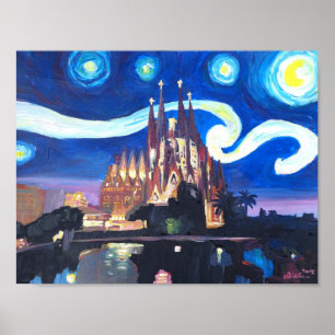 Pôster Noite estrelado em Barcelona com Sagrada Familia