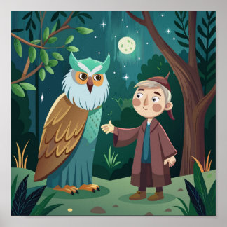 Poster Noite Mágica na Floresta: Garoto e Coruja