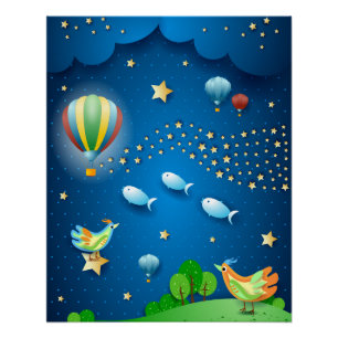 Pôster Noite surreal com balões e onda de estrelas posta