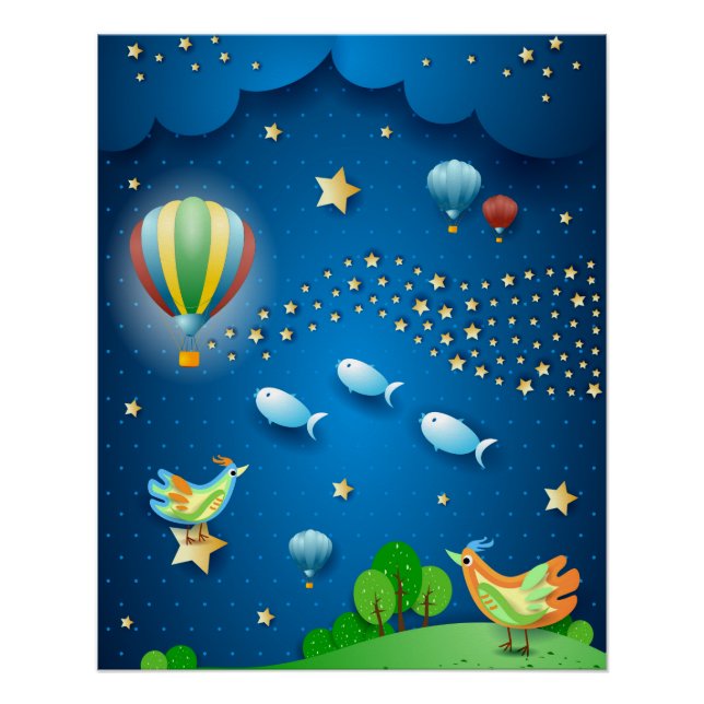Pôster Noite surreal com balões e onda de estrelas posta (Frente)