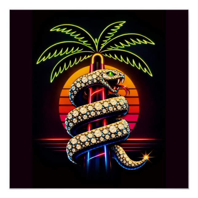 Pôster Noites de Neon Ilustração Cobra Preta de Miami (Frente)