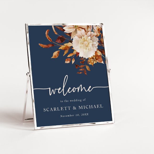 Poster Noiva Azul Marinho Folhas de Outono Elegantes (Navy Blue Elegant Autumn Leaves Wedding Poster by Painted Paperie
)