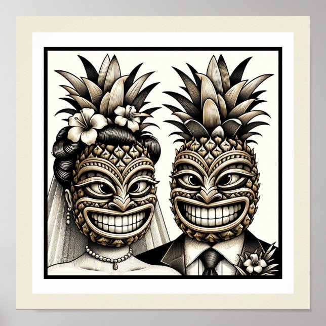 Poster Noiva e Groom Aloha Pineapple Tiki Casamento (Frente)