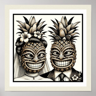 Poster Noiva e Noivo Cabeça Tiki de Abacaxi Aloha Casamen