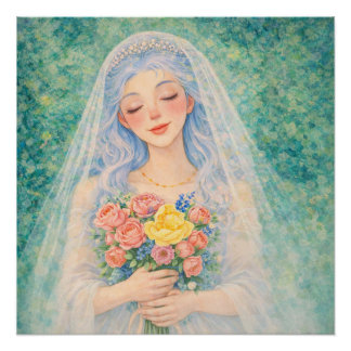 Pôster Noiva Floral Sonhadora Ilustração Aquarela