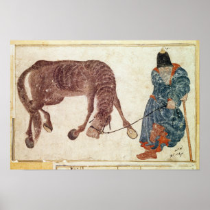 Pôster Nômade mongol levando seu cavalo para a água