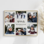 Pôster Nome da família de colagem fotográfica do monogram<br><div class="desc">Uma colagem de seis fotos envolve um simples galho inicial e rústico junto com um nome e um ano. Faz um presente de manutenção de excelente com seu esquema de cores preto e branco. Destaques do seu ano, o melhor da sua foto de família, imagens de netos, fotos de casamento...</div>