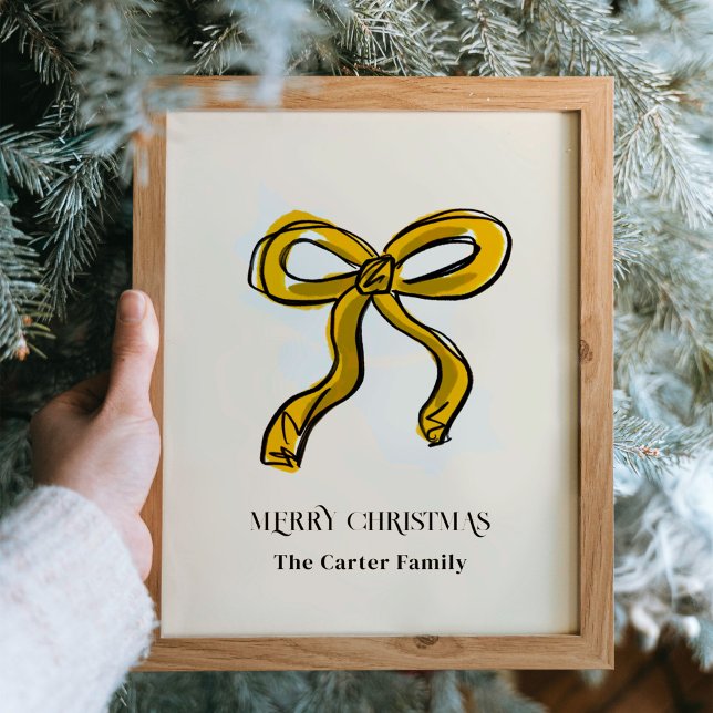 Poster Nome da Família de Ilustração do Arco Amarelo do o (Golden yellow ribbon bow Christmas holiday sketch illustration personalized art print poster.)