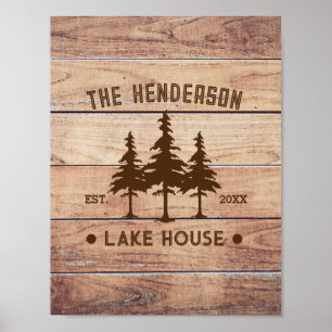 Poster Nome da família Lago House Pine Tree Personalizado