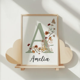 Poster Nome de Berçário de Menina Boho com Flor Silvestre