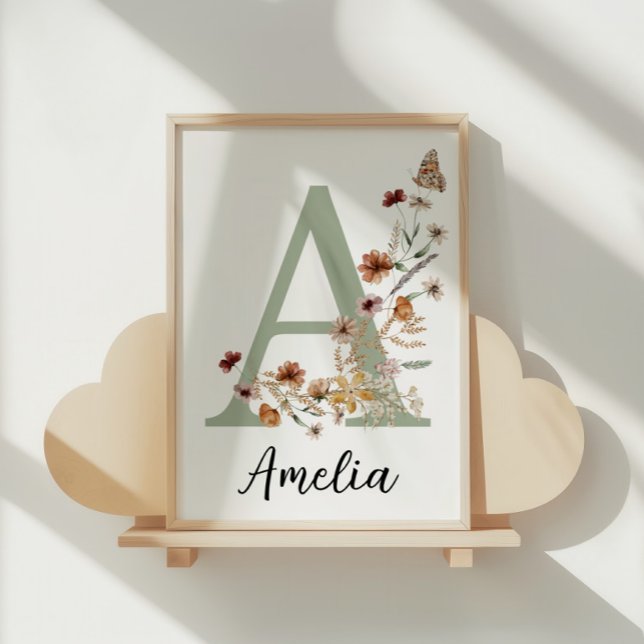 Poster Nome de Berçário de Menina Boho com Flor Silvestre (Criador carregado)