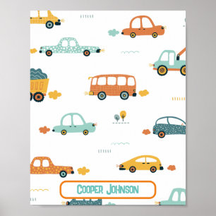 Poster Nome de carro personalizado azul pastel e laranja