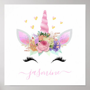 Poster Nome de Script Floral Rosa Girassol Unicorn