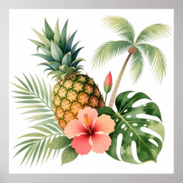 Poster Nome de Verão Abacaxi Floral do Havaí & Hibisco