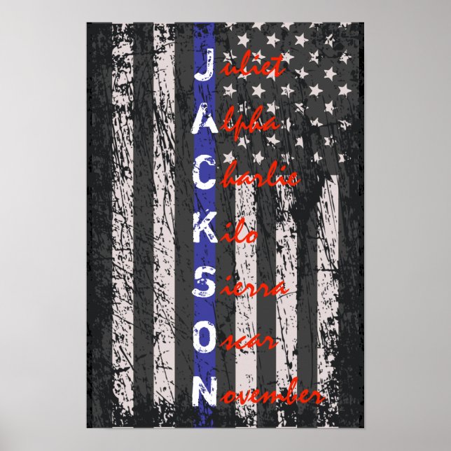 Pôster Nome do alfabeto fonético fina de linha azul fina (Frente)