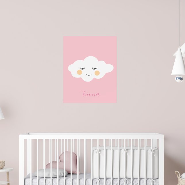 Poster Nome do Bebê Sleepy Kawaii Cloud Pastel Rosa (Berçário 2)
