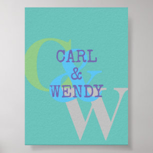 Poster Nome do monograma cinza azul dom na moda VERDE