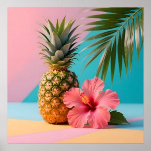 Poster Nome Floral Havaí Abacaxi & Hibisco Verão