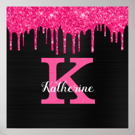 Poster Nome Monograma com Gotas de Brilho Rosa Neon Femin