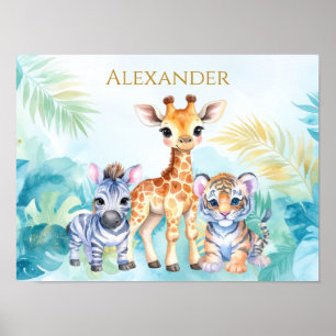 Poster Nome Personalizado Bebê da Selva Zebra Girafa e Ti
