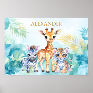Poster Nome Personalizado Bebê da Selva Zebra Girafa e Ti