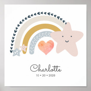 Poster Nome Personalizado Boho Arco-Íris Data De Nascimen