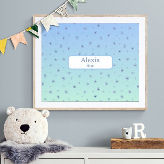 Poster Nome Personalizado Childs Room Decor Blues Flowers (Customize name! Shown with white mat and wood frame. (you will receive print only) Thank you!)