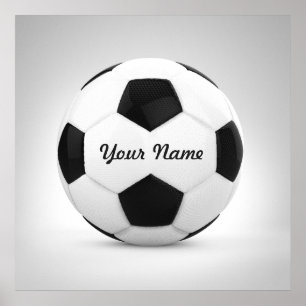 Pôster Nome Personalizado da Bola de Futebol Preta e Bran