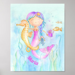 Poster Nome personalizado de arte de aquarela de Mermaid