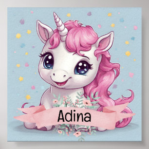 Poster Nome Personalizado do Baby Unicorn Stars Rosa Mági